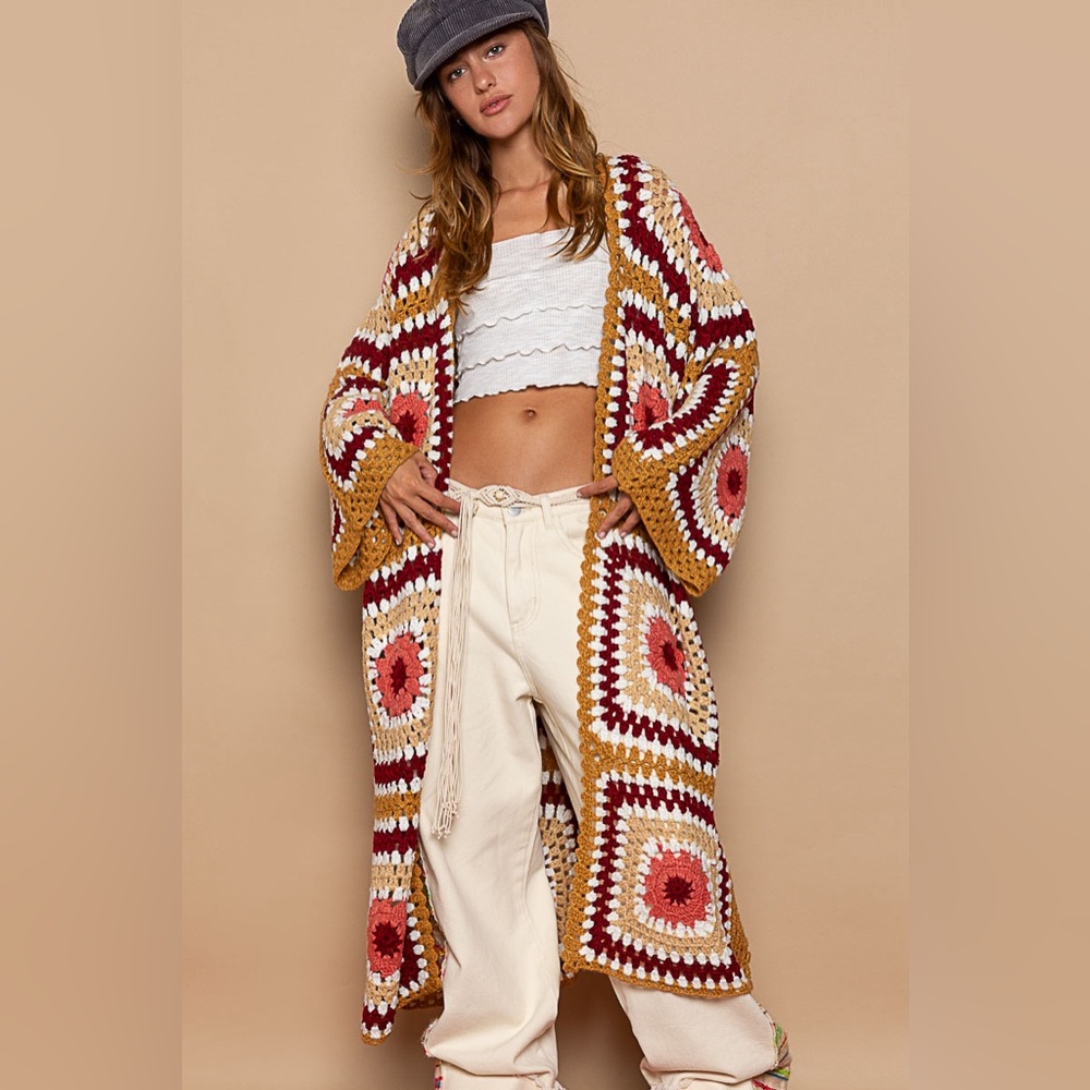 POL Colorful Crochet Long Coat
